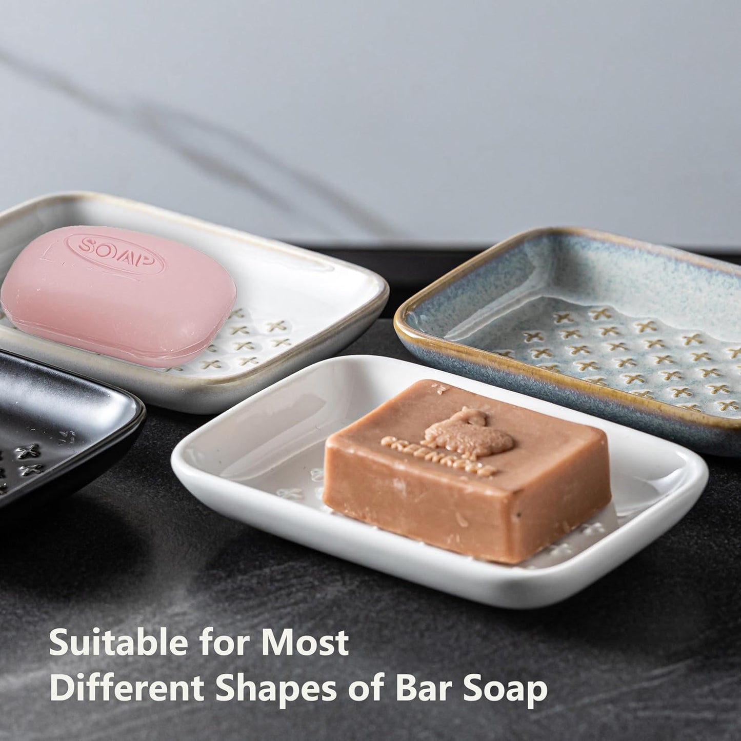 Gomakren Soap Dish, Shower Soap Holder, Ceramic Soap Dishes for Bar Soap Sponge Shampoo, Soap Saver Tray for Bathroom Kitchen Sink Counter, 5.5 Inch, Gray