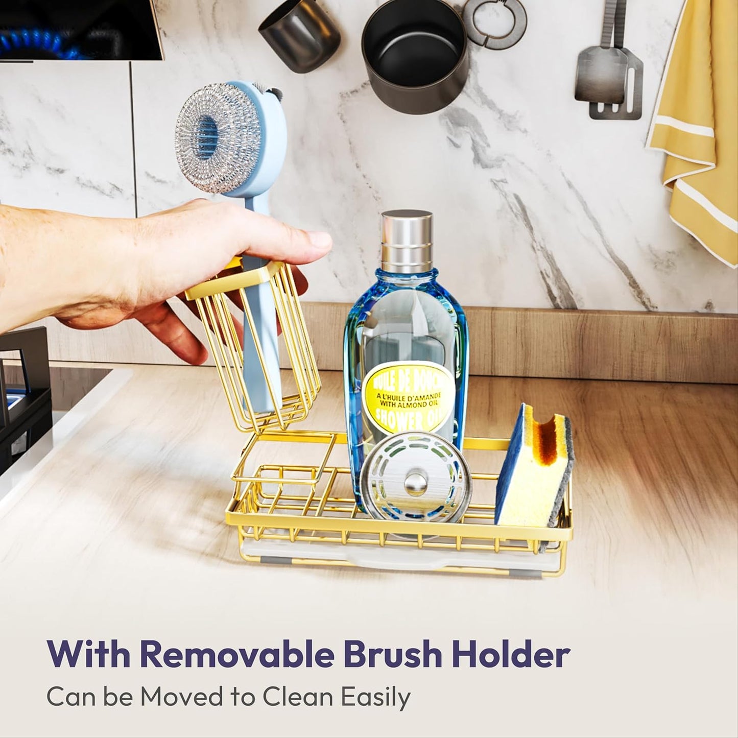 SWTYMIKI Sink Caddy Kitchen Sink Organizer with Detachable Brush Holder, Stainless Steel Sponge Holder with Removable Drip Tray Sponge Caddy for Kitchen Countertop, Gold