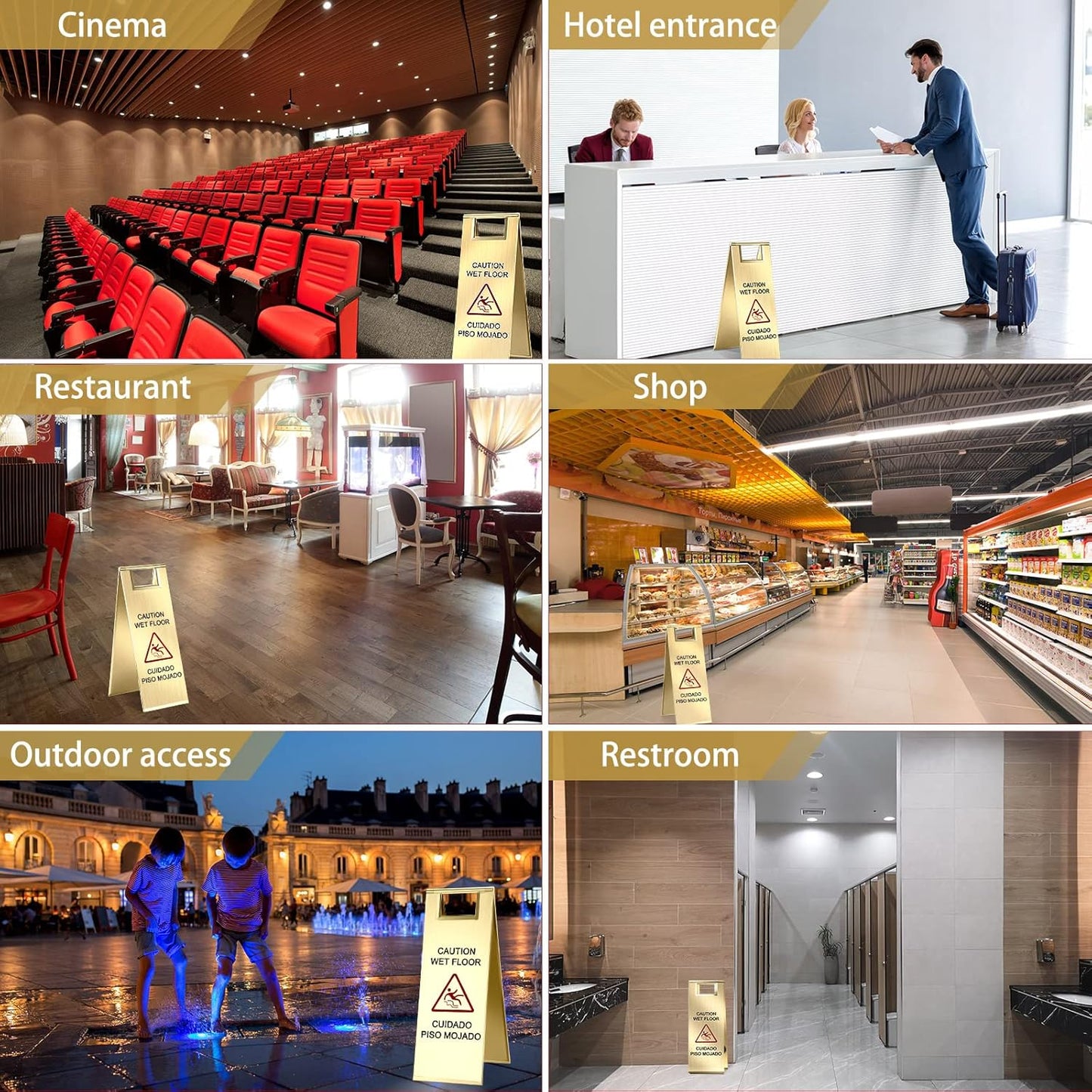 Kigley 2 Pcs Wet Floor Sign, 24 Inch Stainless Steel Caution Wet Floor Sign Double Sided Portable Foldable Bilingual Safety Warning for Hotel Market Restroom Restaurant Office (Gold)