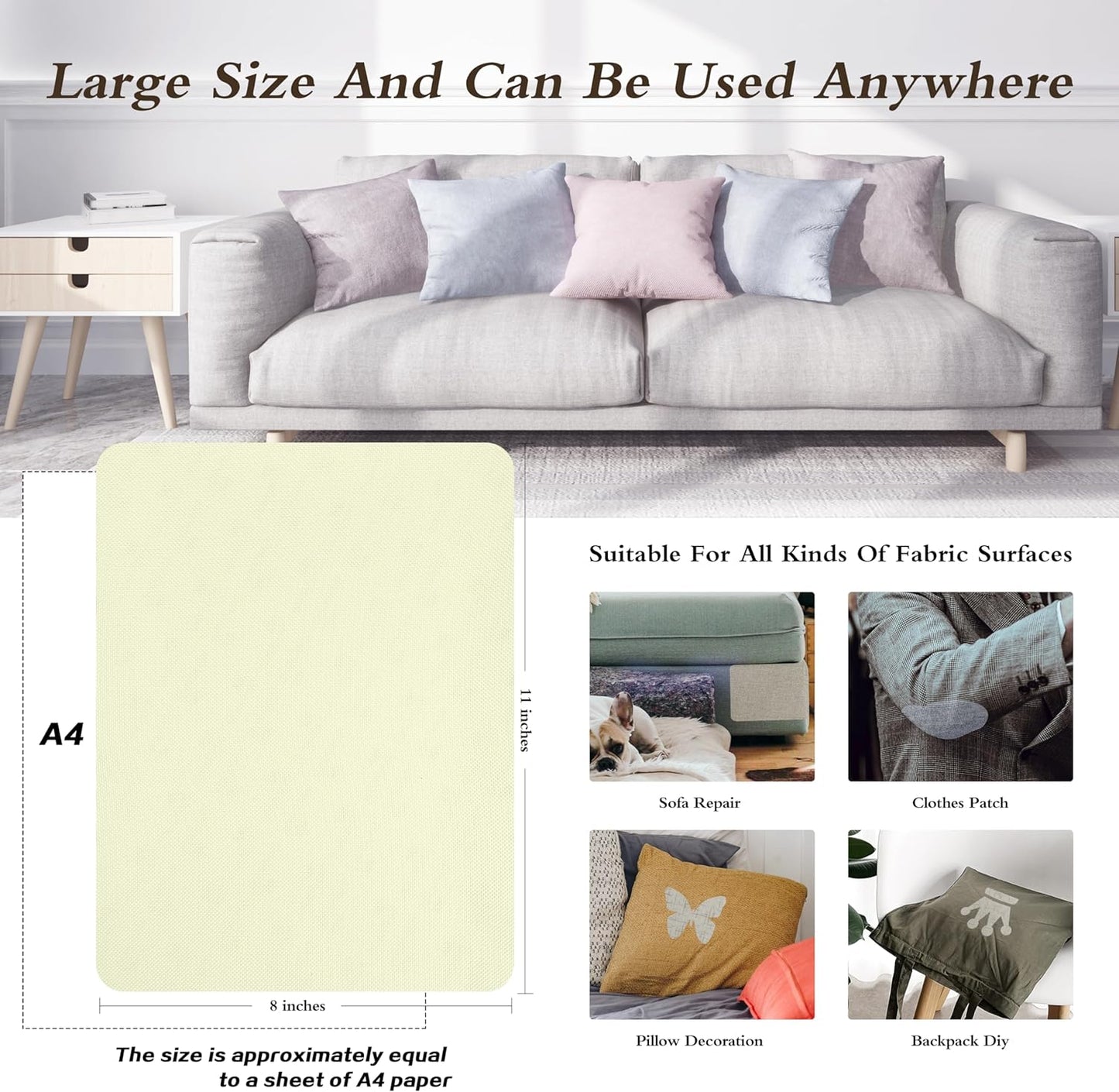 KING MOUNTAIN Fine Linen Repair Patches, Self-Adhesive Linen Fabric Patches, 8X11 inch Extra Size, Multi Color, Can be Used for Linen Sofa Repair and Linen Clothes Repair(8" x 11",Beige 2.0)