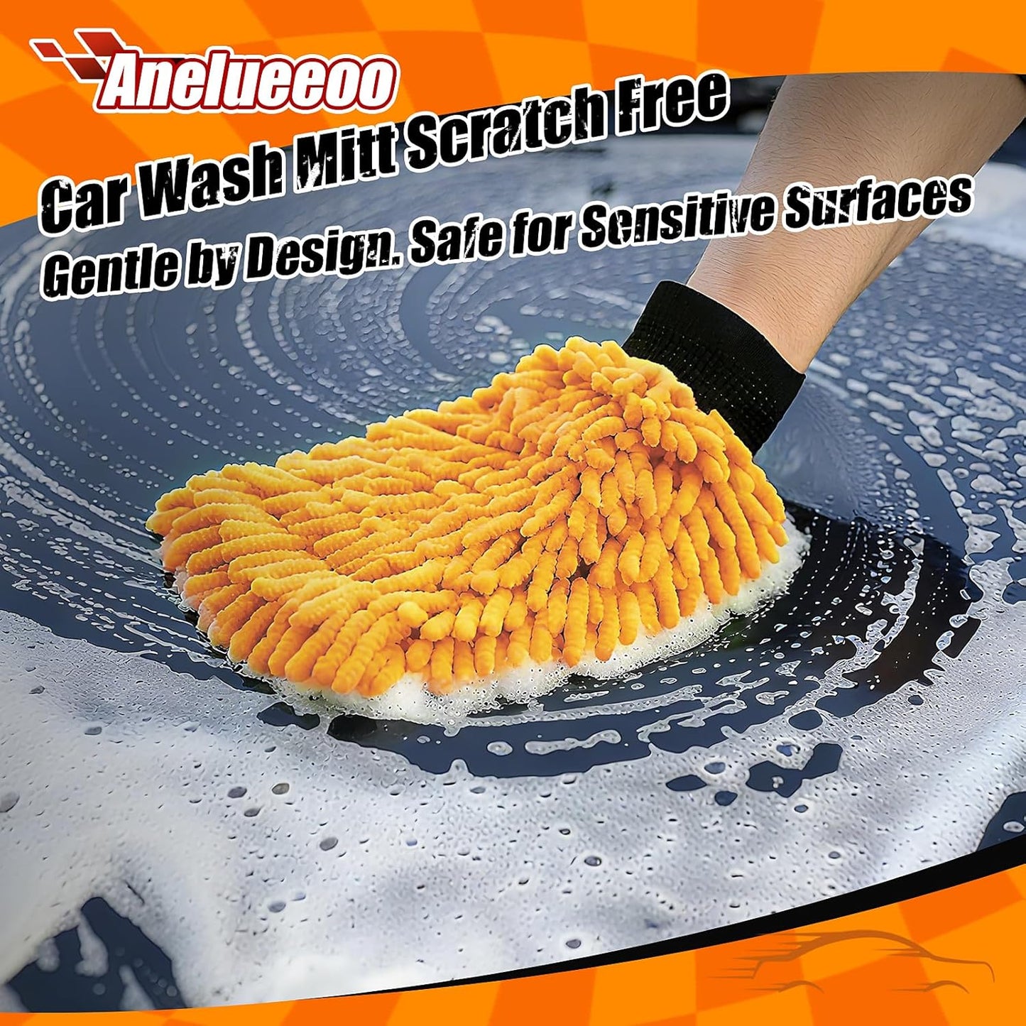 4 Pack Car Wash Mitt Microfiber, Premium Chenille Microfiber Wash Car Mitts Sponge Scratch Free & Lint-Free, Mitts Waterproof Lining Orange (8''X12'')