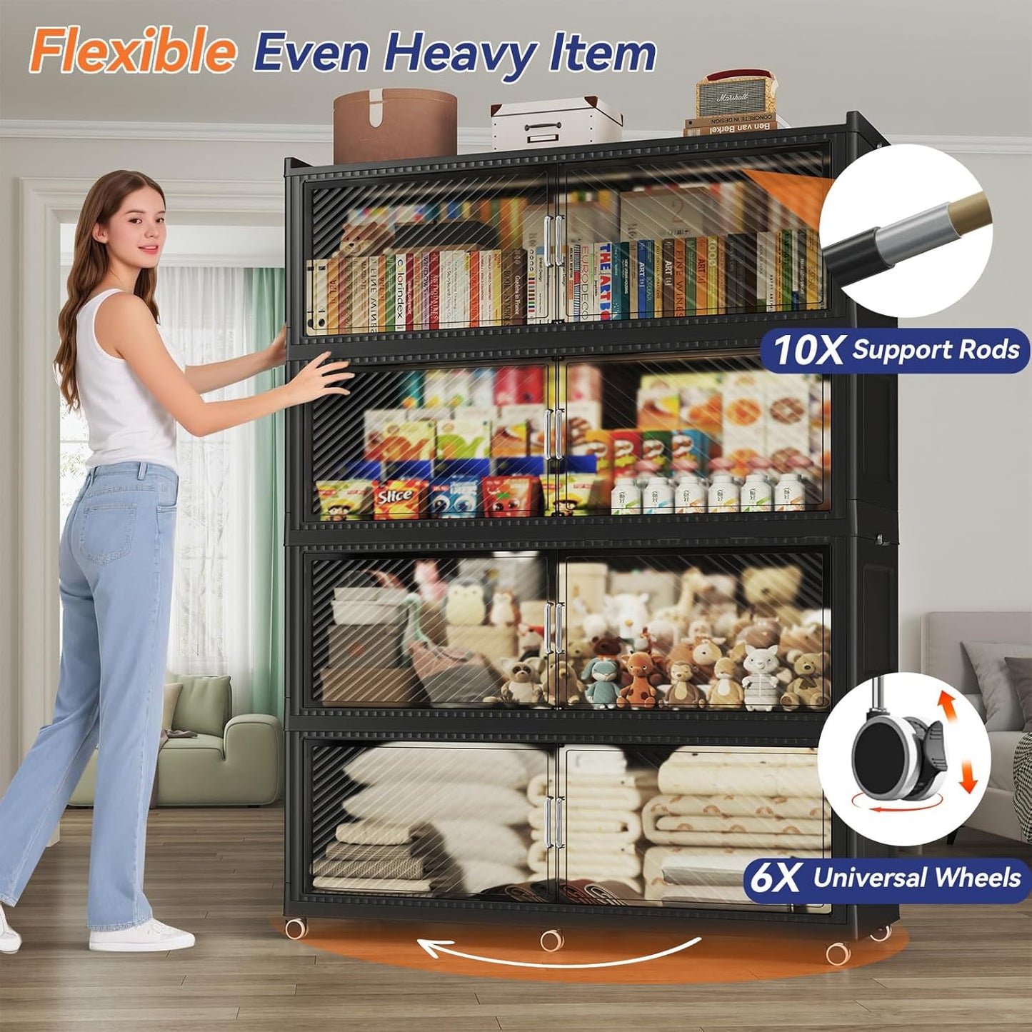 150GAL Extra Large Storage Bins with Lid, 600QT Collapsible Organizer with Wheels, Stackable Closet Cabinet with Doors, Folding Storage Containers for Home, Office, Dorm, 3Pack Black