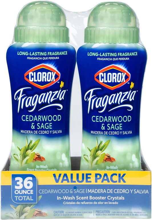 Clorox Fraganzia Laundry Scent Booster Crystals in Cedarwood & Sage Scent - Scented In-Wash Freshener Beads for Fresh, Clean, Great Smelling Clothes and Linens, 18 Oz - 2 Pack