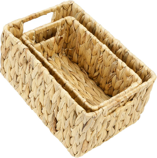HOONEX Water Hyacinth Storage Baskets, Wicker Baskets for Storage, Hand Woven Baskets with Carry Handles, Set of 2, Natural