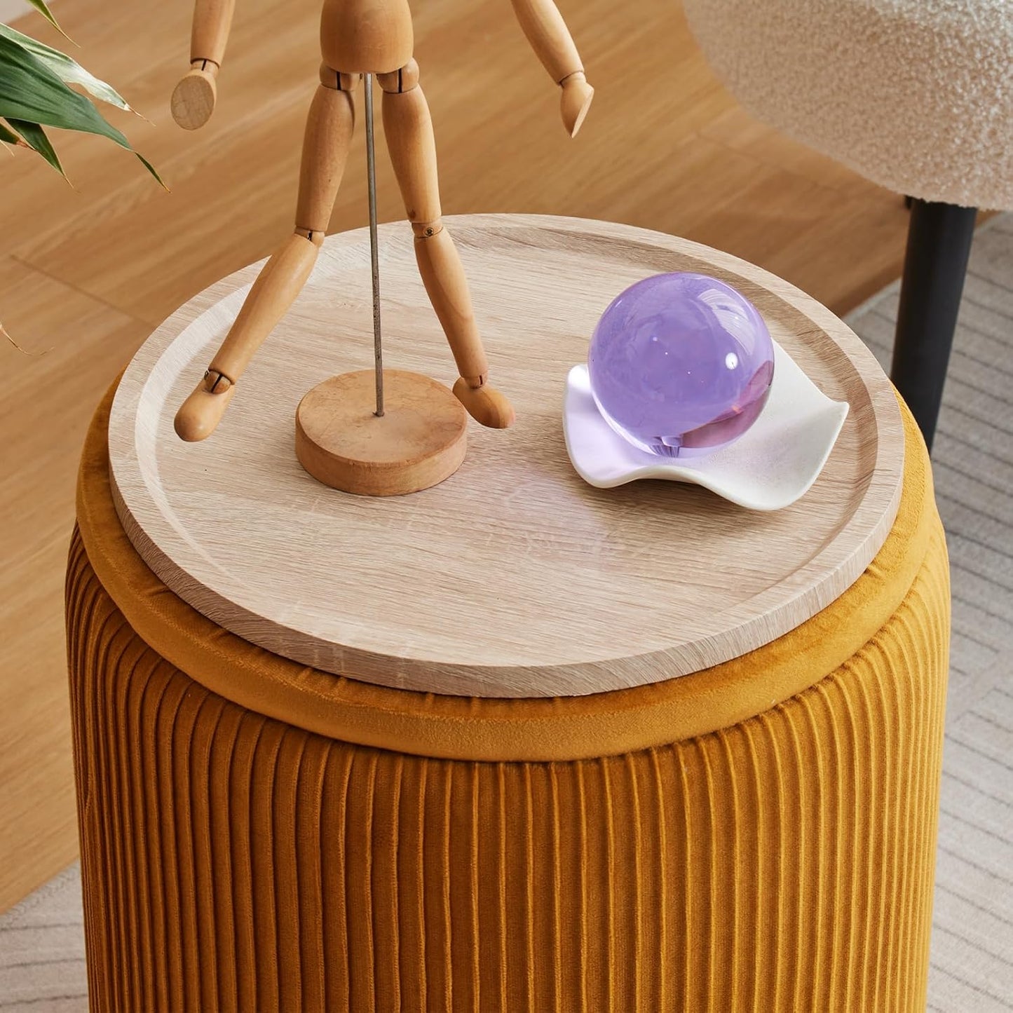 Round Ottoman with Storage Set of 2-Upholstered Velvet Vanity Stool for Makeup Multifunctional Ottomans Coffee Table Padded Seat Foot Rest for Living Room&Bedroom (Yellow-Upgrade Tray Lid)