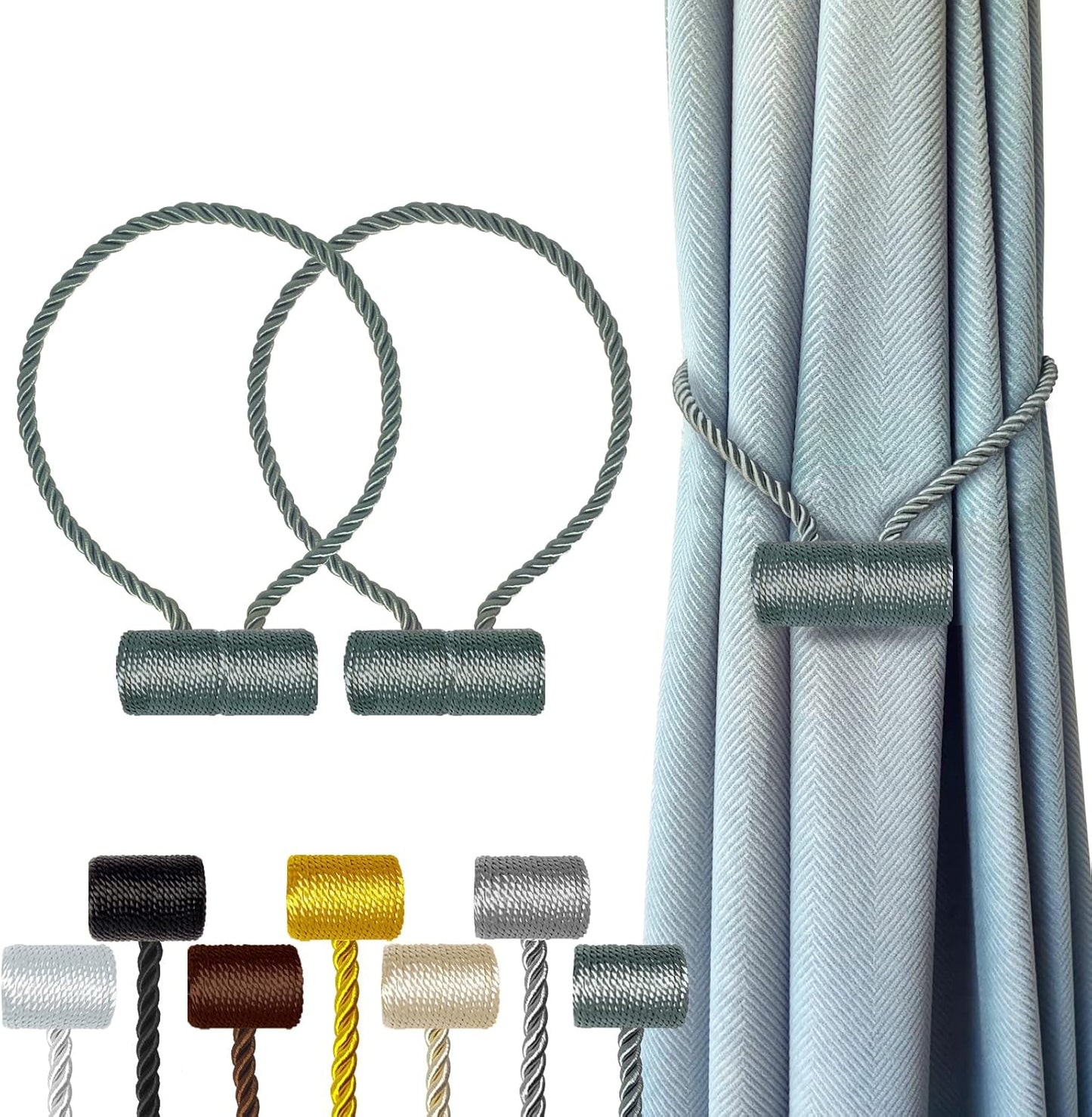 Hion Magnetic Curtain Tiebacks Gray Blue 2pcs, Curtain Tiebacks Buckles Holdbacks Holders Hooks Clip for Home Bedroom Office Decorative Curtain