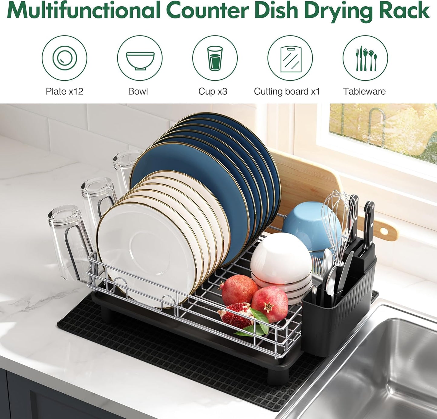 JASIWAY Stainless Steel Dish Drainers Drying Rack for Kitchen Counter with Drainboard, Rust Proof Metal, Space Saving, Modern Aesthetic, Compact Plates Strainers with Extra Mat, Silver