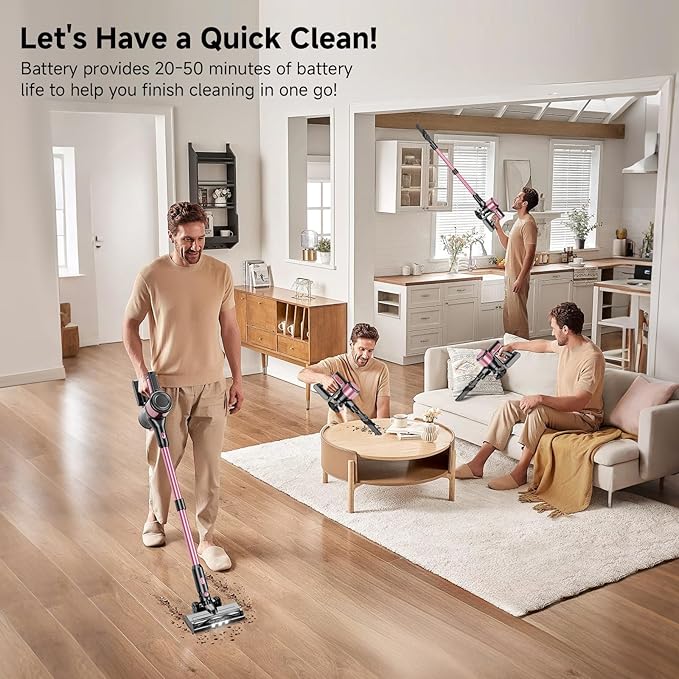 Cordless Vacuum Cleaner, 38Kpa Powerful Stick Vacuum Cleaner with 45mins Rechargeable Battery, LED Anti-Tangle Brush, 8-in-1 Handheld Vacuum Cleaners for Home/Pet Hair/Carpets/Floors, Rose