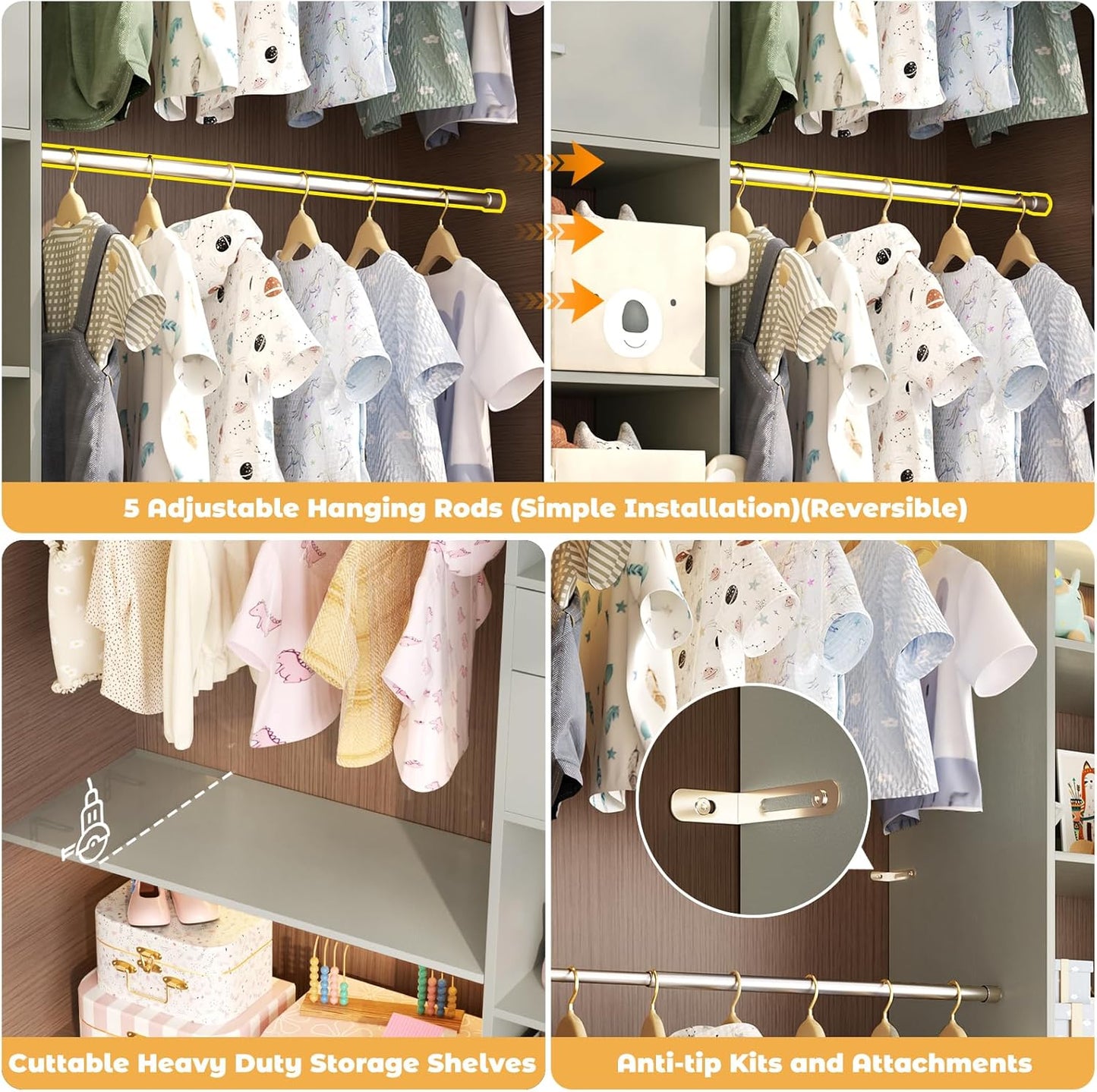 Closet System - 4.75-8FT Closet Organizer System with Wooden Drawers & Cube Storage Organizer, Up To 96" Closet Systems for Nursery & Walk-In Closets with Cuttable Hanging Shelving, Crab Green