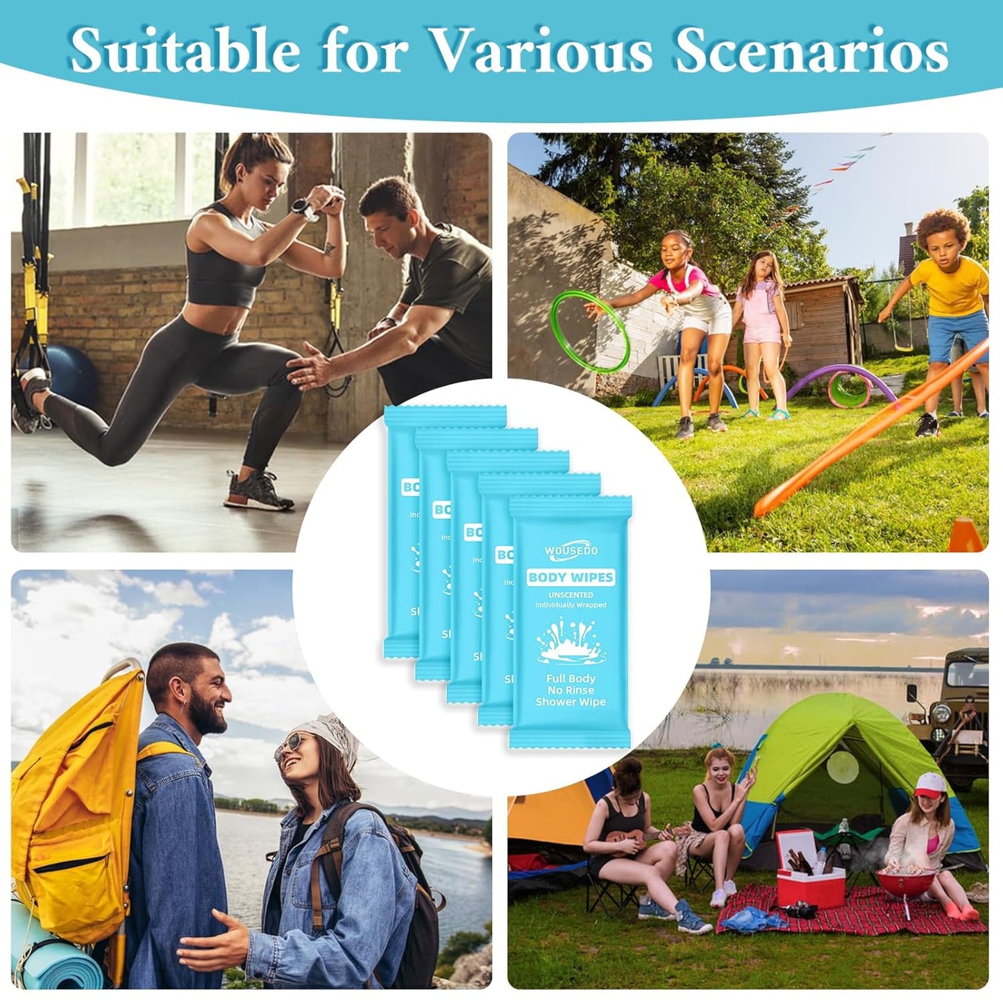 500 Pcs Ultra Thick Soft Large Body Wipes Individually Wrapped(7.87" x 9.45"),Shower Wipes for Adults Bathing No Rinse,Personal Cleansing Wipes for Travel Gym,Bulk Deodorant for Homeless(Blue)