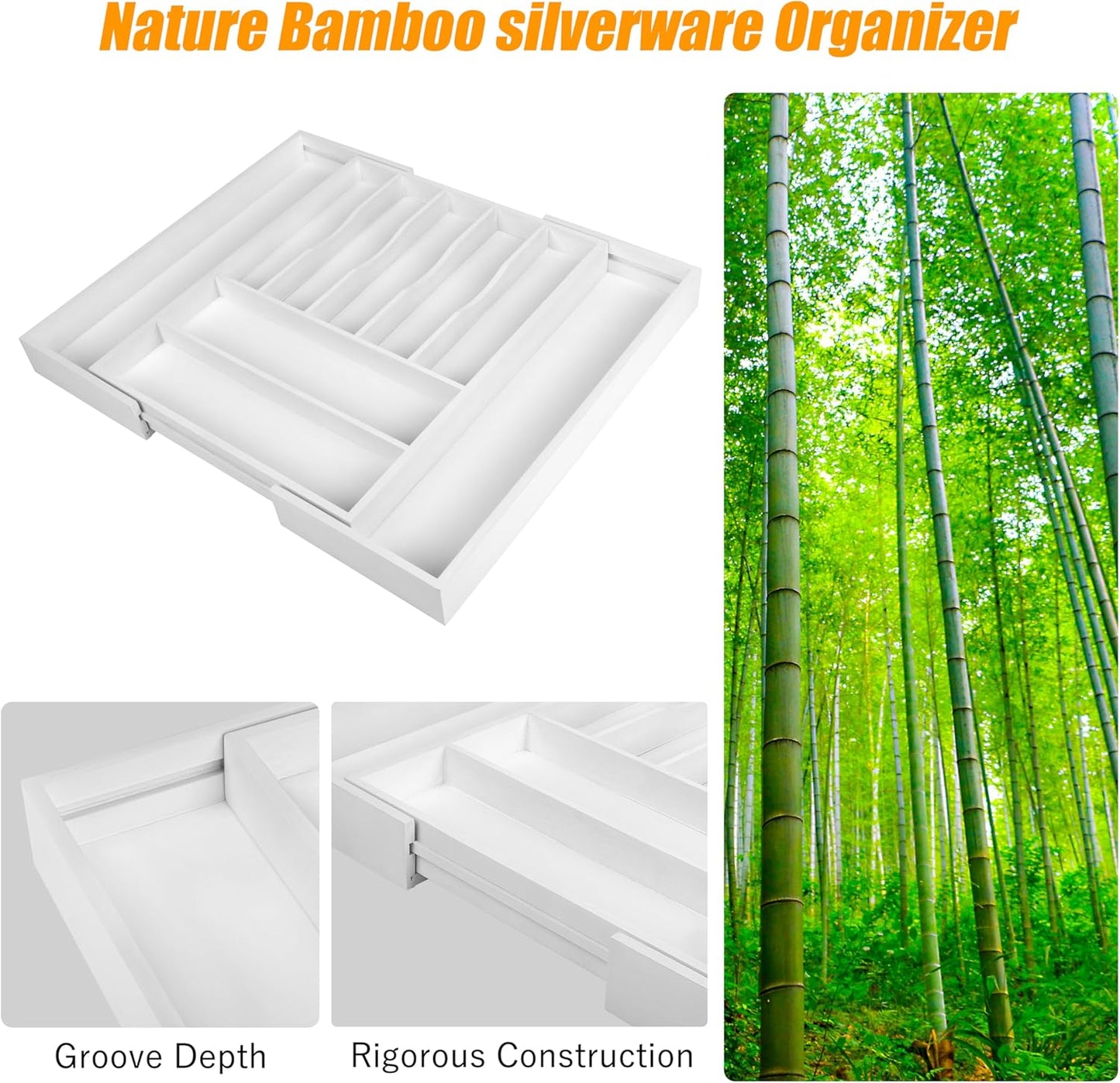 Bellsal Large Premium Bamboo Silverware Organizer - Expandable Utensil Drawer Organizer - 17"x19.6" Utensil Holder and Cutlery Tray with Grooved for Kitchen Flatware and Utensils(7-9 Slot, White)