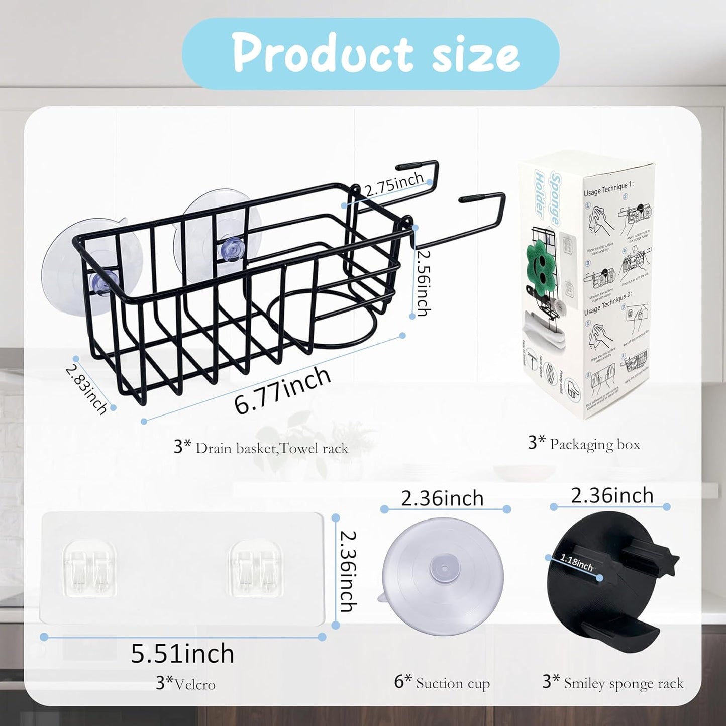 Sponge Holder Smile Face with Dish Cloth Hanger for Kitchen Sink, In-sink Caddy Organizer with Suction Cups & Adhesive Strips, Rustproof Sponge Rack for Soap, Brush, Scrubber - Black（3 Pack）