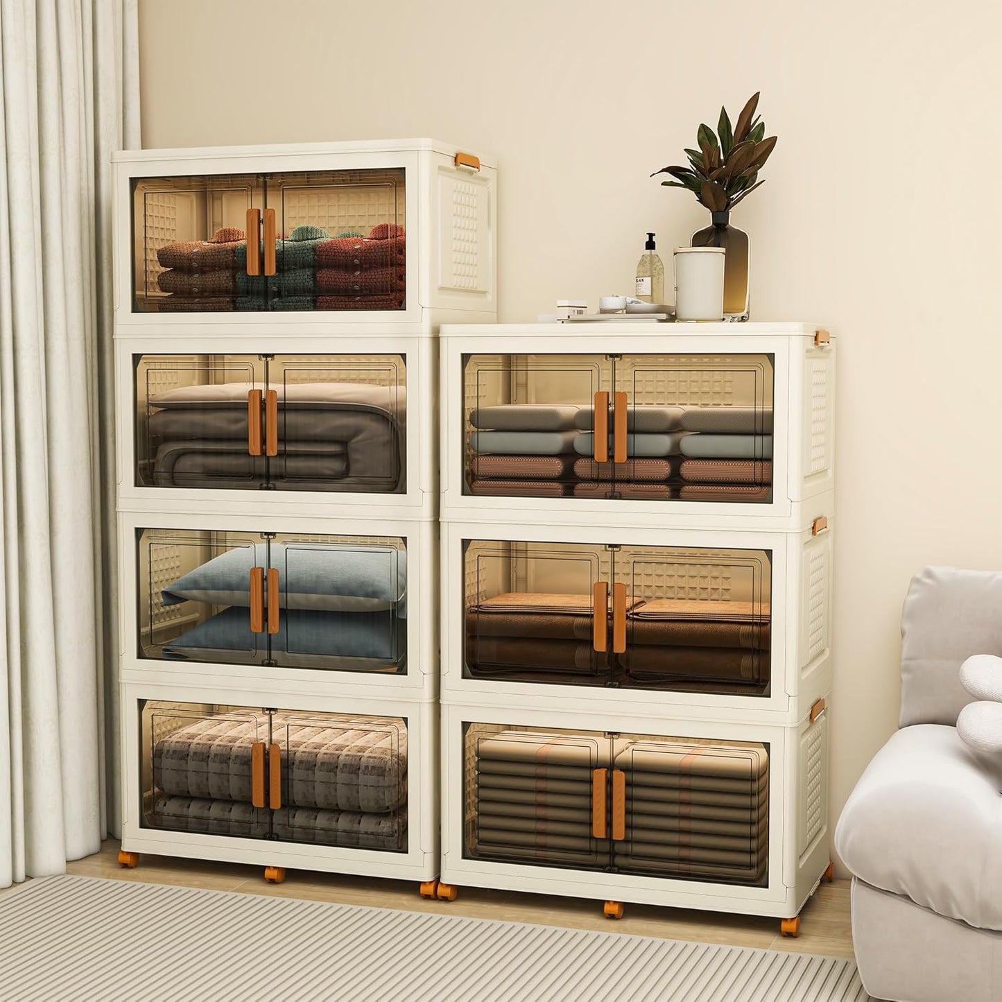 4 Tier Extra Large Stackable Storage Bins with 1 Lid 205 QT/Tier, Collapsible Plastic Box Storage Bin with Wheels, Home Containers Boxes Closet Organizers for Living Room, Office, Dorm