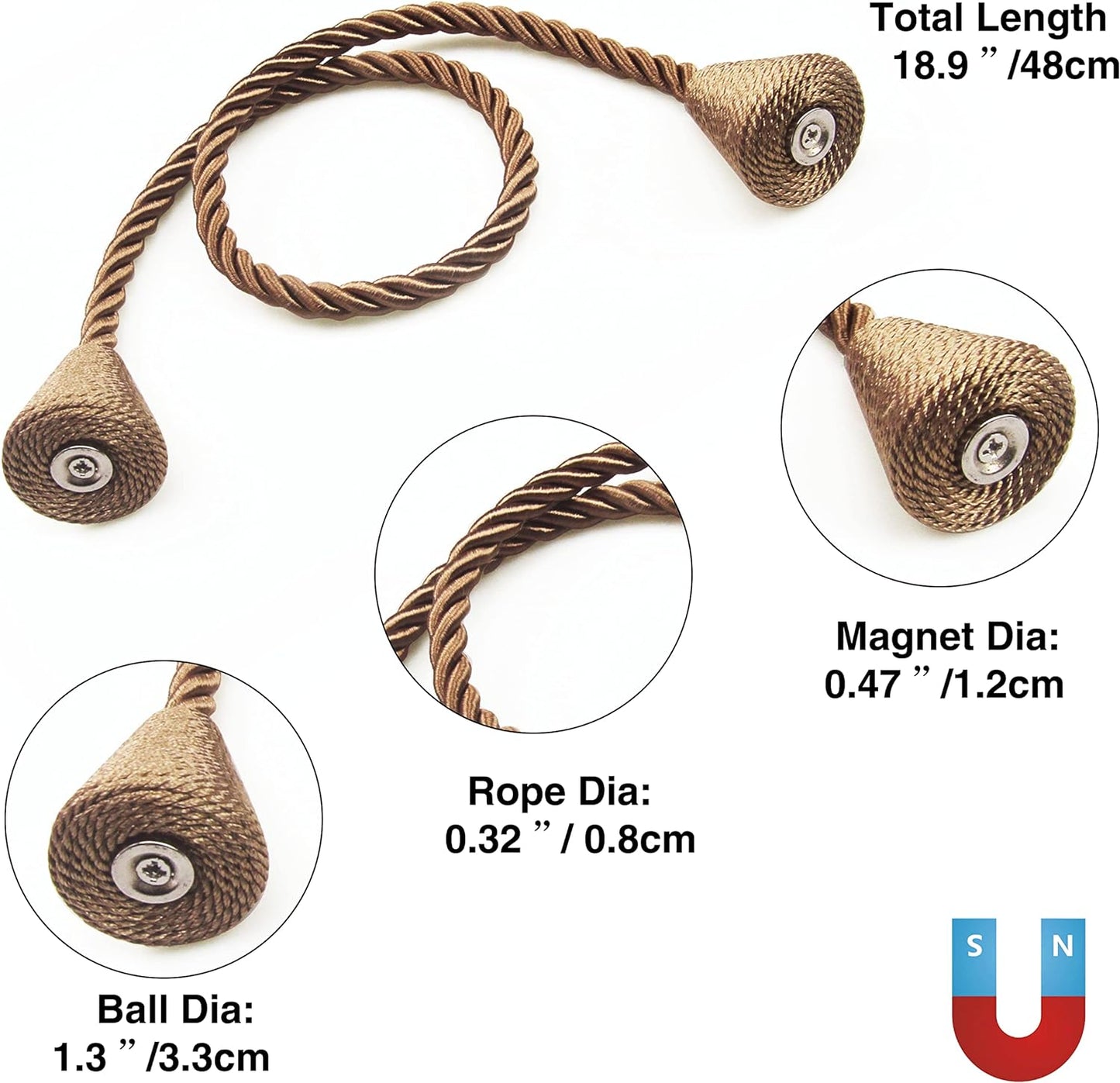 4 Pack Magnetic Curtain Tiebacks Rope Modern Handmade Curtain Tie Backs Decorative Drapes Weave Holdbacks for Window Décor, Khaki
