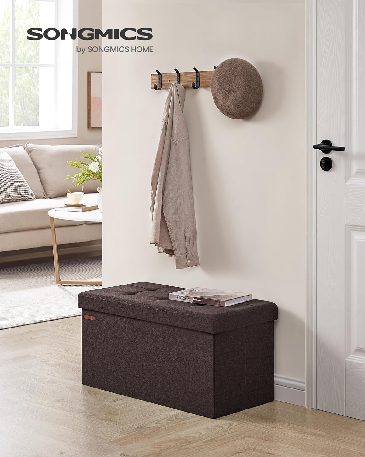 SONGMICS Mazie Collection - 30 Inches Folding Storage Ottoman Bench, Ottoman Foot Rest, End of Bed Bench, Storage Chest, Load 660 lb, for Living Room, Bedroom, Entryway, Brown ULSF047K02