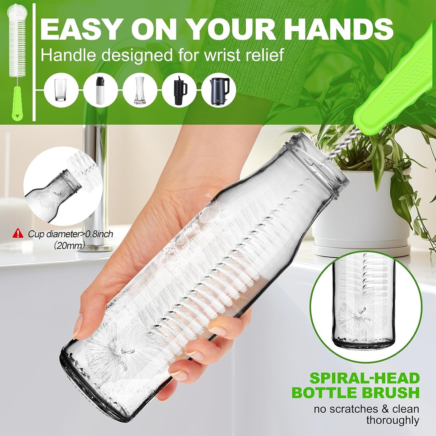 Bottle Brush Cleaner Set of 3, Long Handle Water Bottle & Straw Cleaner Brushes for Washing Tumblers, Baby Bottles, Cup Lid Cleaning Brush