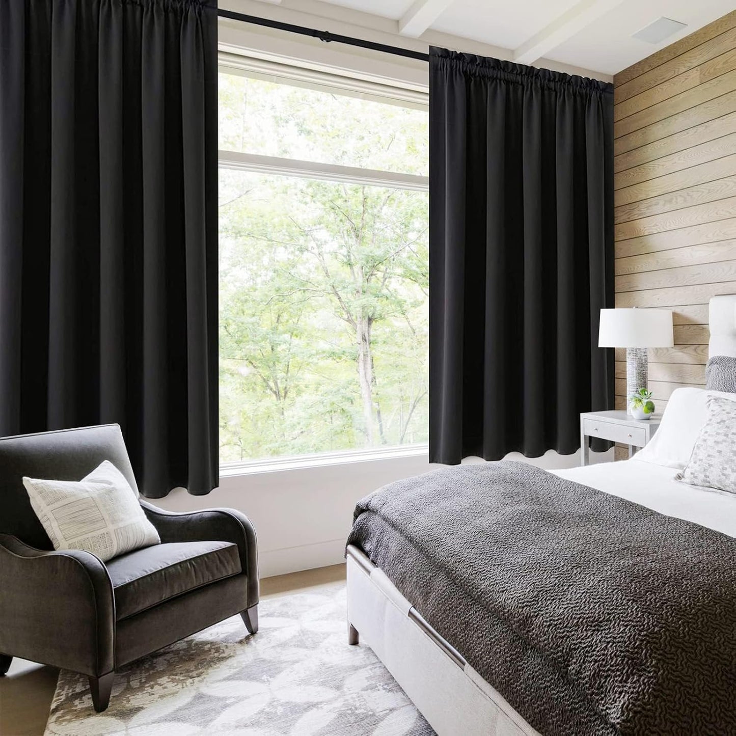 DWCN Blackout Curtains for Living Room Thermal Insulated, Energy Saving & Noise Reducing Bedroom Curtains, Black, W 52x L 36 Inch, Set of 2 Rod Pocket Curtain Panels