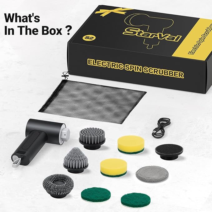 Electric Spin Scrubber, 3000 mAh Cordless Power Scrubber with 8 Replaceable Heads, Dual Speed Lightweight Handheld Scrubber for Cleaning Stove/Bowl/Sink/Corner/Tile/Grout (Black)