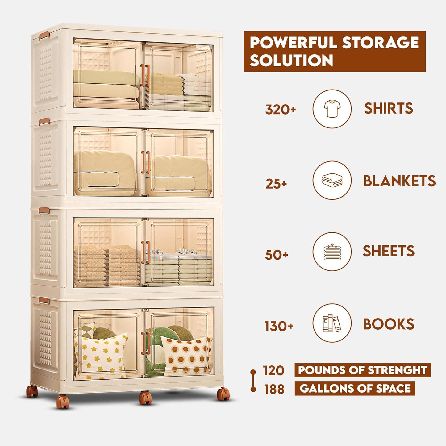 752QT/188Gal 4 Layers Stackable Storage Bins with Lid & Doors - Sensor Lights in Cabinets, Large Collapsible Container Box with 6 Wheels, Plastic Foldable Organizer for Home