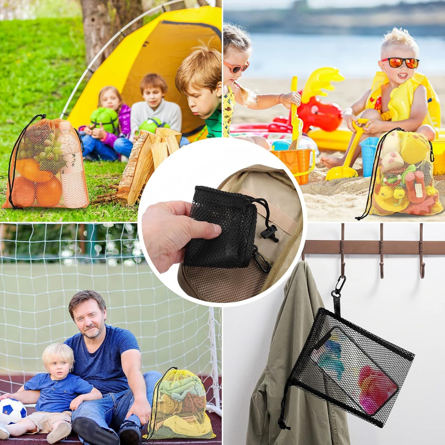 12 Pieces 6 color Mesh Bags with Clips Nylon Mesh Bag Mesh Drawstring Stuff Bag with Cord Lock for Collecting Toys Laundry Sports Gym Beach Travel