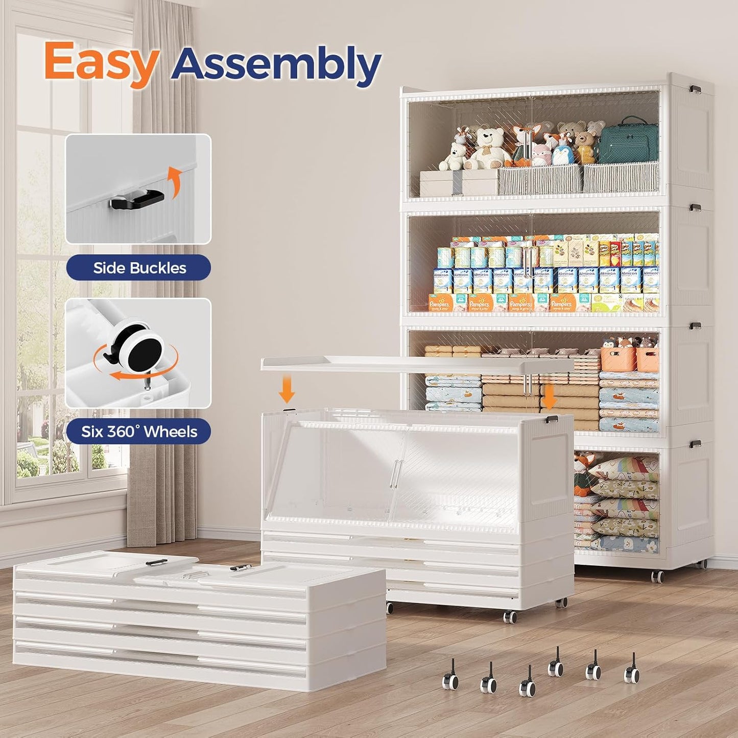 200GAL Extra Large Storage Bins with Lid, 800QT Collapsible Organizer with Wheels, Stackable Closet Cabinet with Doors, Folding Storage Containers for Home, Office, Dorm, 4Pack White