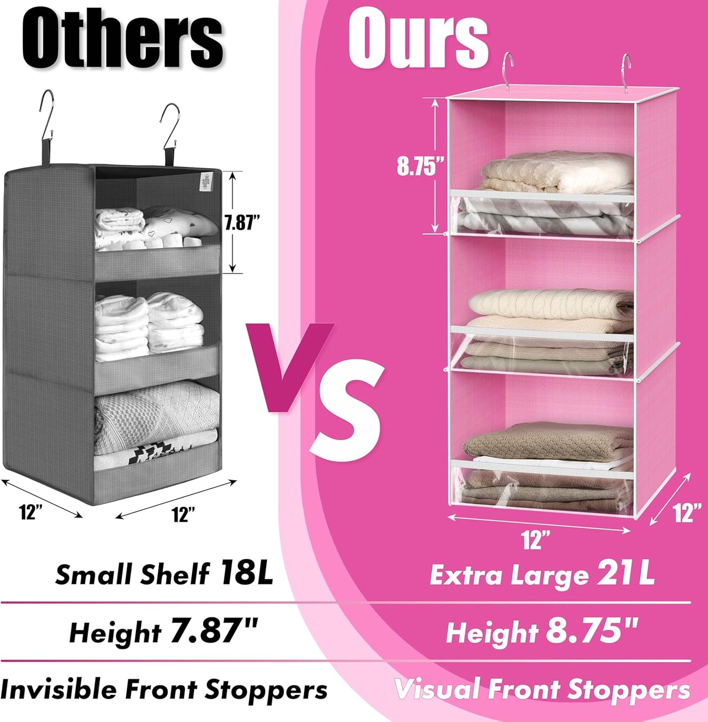 Simple Houseware 3 Shelf Hanging Closet Organizer with Front Stopper, Pink