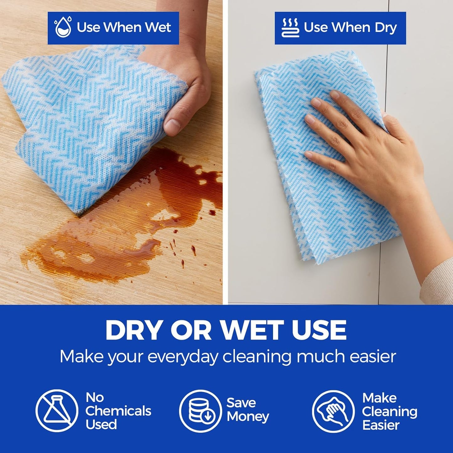 Disposable Cleaning Rolls Handi Wipes Reusable Cleaning Cloths Reusable Dry Kitchen Towels Dish Cloths Dish Towels 1 Roll, Total 100 Pcs, Blue