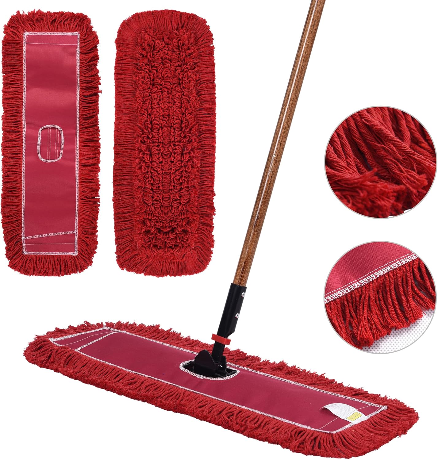 Matthew Cleaning 24'' Industrial Strength Cotton Dust Mop Refill Washable Replacement Heads for Residential & Commercial Use Fit Standard Dust Mop Frames, Hardwood,Concrete Floors Red 6 Pack