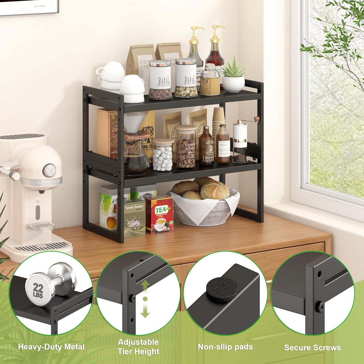 DOLALIKE Expandable kitchen Countertop Organizer, Stackable Cabinet Shelf Organizers, Space Saving Spice Rack Pantry Storage for Bathroom Office Organization (Black, 2 Pack)