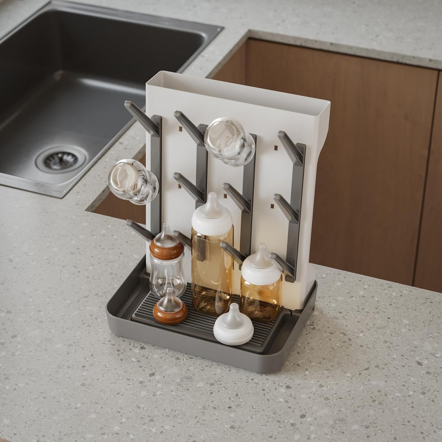 IEEK Baby Bottle Drying Rack,Large Vertical Drying Tower Bottle Rack Holder Space Saving Standing Drying Rack for Countertop-Holds 12 Baby Bottles and Cup,Etachable Travel Bottle Rack,Grey and White