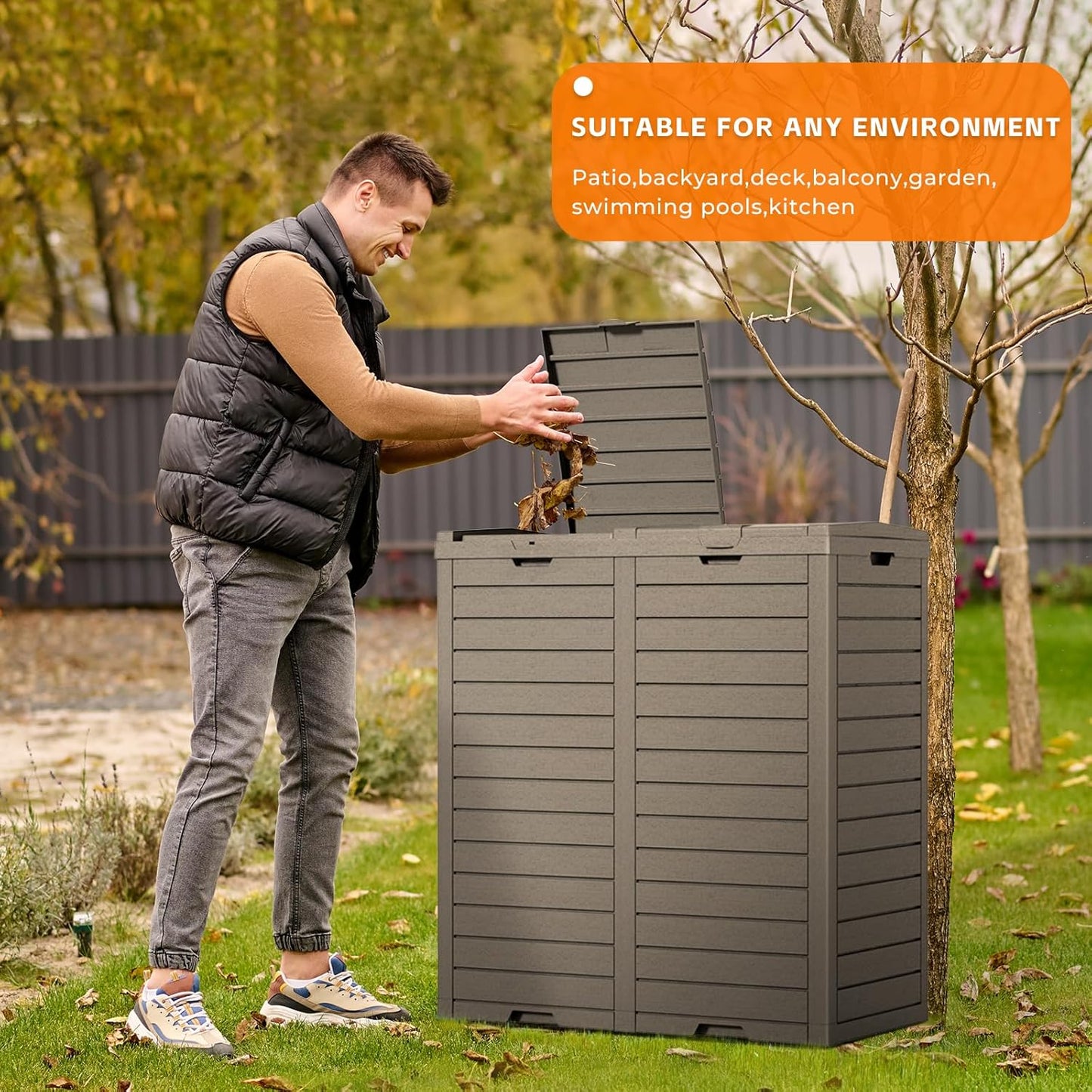 62-Gallon Outdoor Trash Can with lid, Waterproof, UV-Resistant Resin Garbage Can, Lockable Lid and Drip Tray, Animal-Proof, for Patio, Kitchen, Backyard and Deck