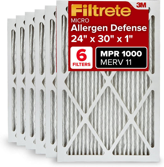 Filtrete 24x30x1 AC Furnace Air Filter, MERV 11, MPR 1000, Micro Allergen Defense, 3-Month Pleated 1-Inch Electrostatic Air Cleaning Filter, 6 Pack (Actual Size 23.81x29.81x0.81 in)