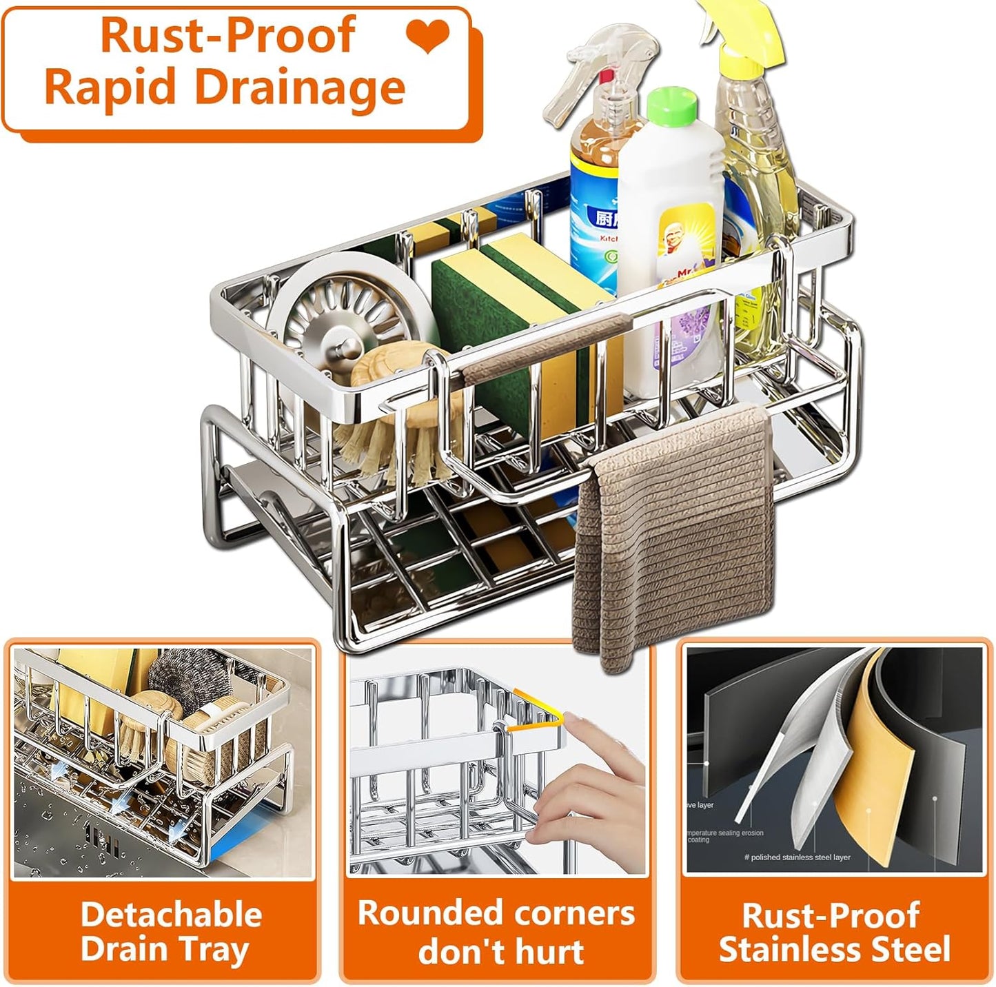 Sponge Holder for Kitchen Sink, Sink Caddy Organizers Stainless Steel,30°Tilt Self-Drainage,Sponge Holder with Dish Brush Holder,Removable Dishcloth Rack for Kitchen Storage Box,Silver