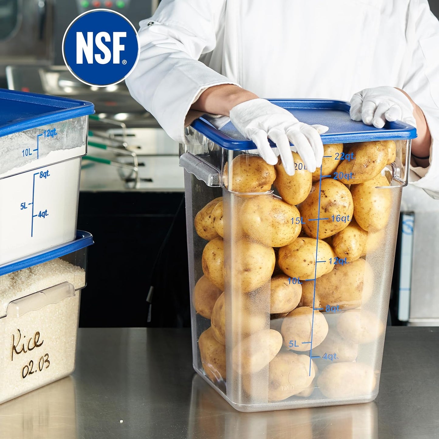 CURTA 4 Pack Food Storage Containers with Blue Lids - NSF Listed Commercial Grade in 22.0 Qt - Square, Clear, Polycarbonate