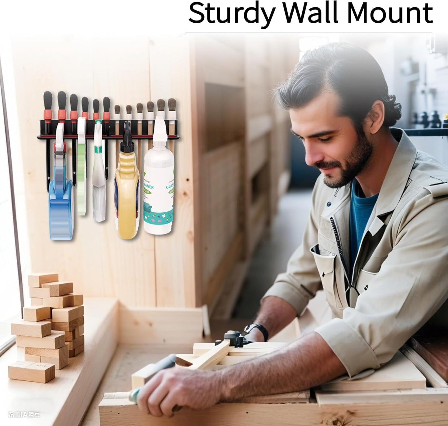 Wall Mount Brush & Spray Bottle Holder Combo Rack for Garage, Detailing Organizer with Mounting Hardware - Holds 12 Brushes & Hanging Rail for Bottles