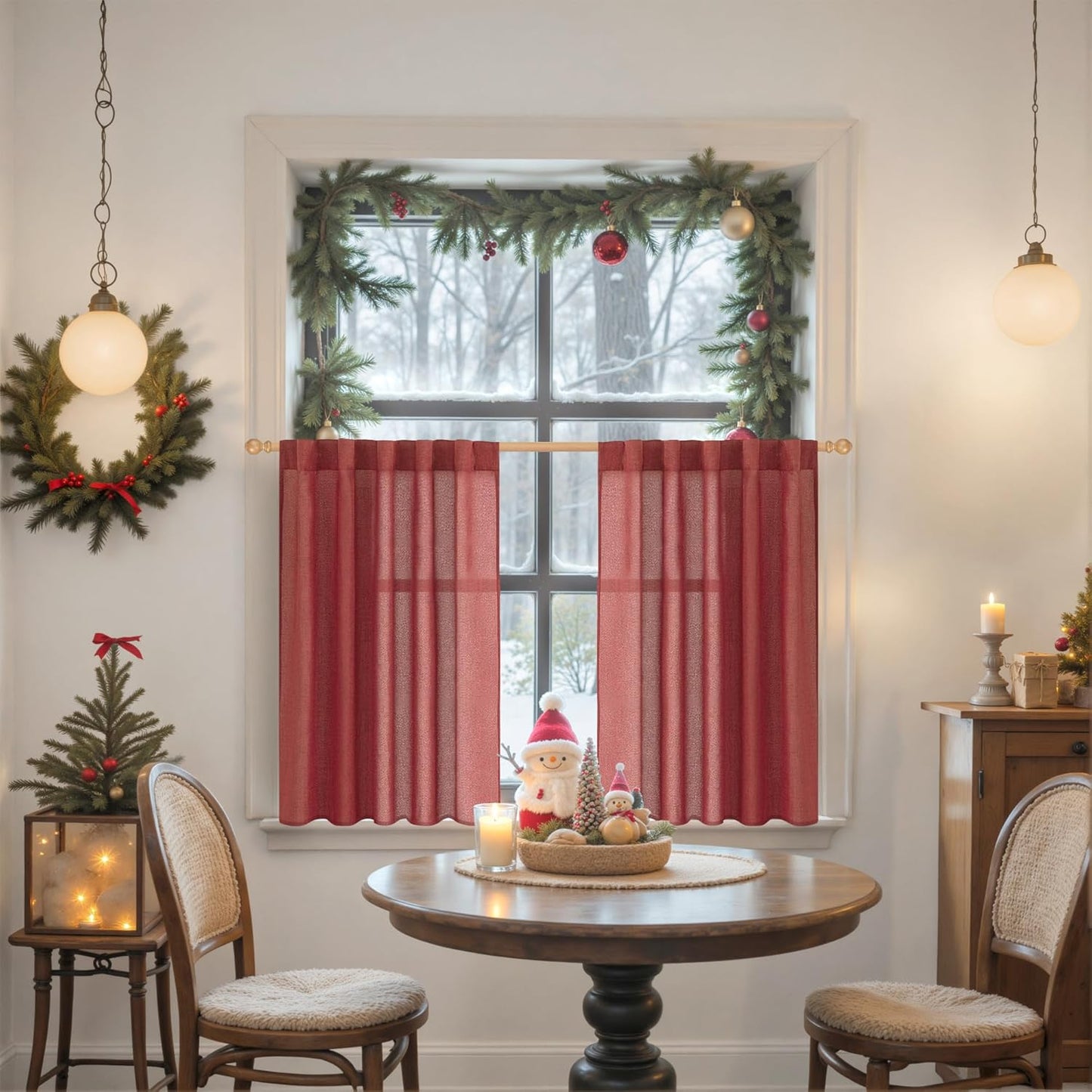 YoungsTex Red Linen Curtains 40 Inch Long for Kitchen, Small Semi Sheer Drapes with Rod Pocket Back Tab Light Filtering Christmas Decor for Bathroom Cafe Short Window, 2 Panels, 42 X 40 Inch