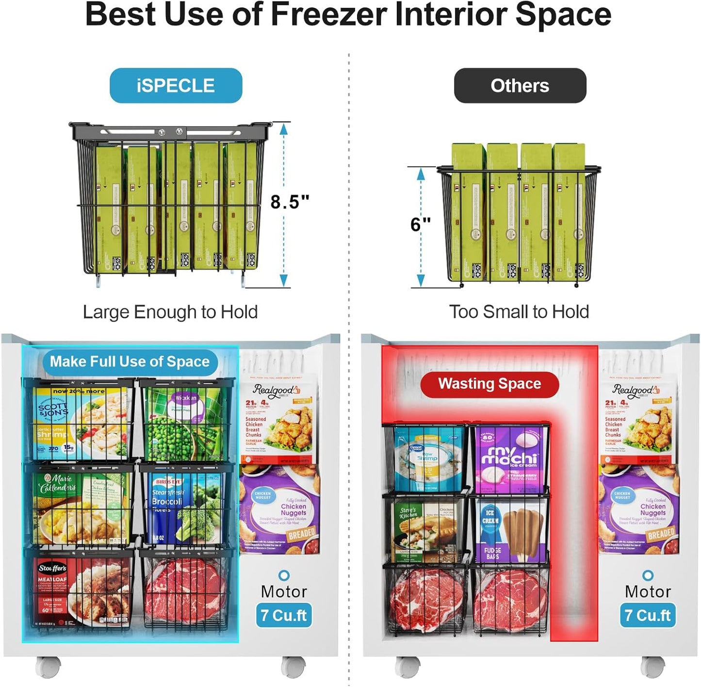 iSPECLE Freezer Organizer Bins - 3 Pack Adjustable Wider & Deeper Chest Freezer Organizer Bins for 5 to 9 Cu Ft, Extra Large & Easy Organize Basket Store More, Stackable No Wasted Space, Black