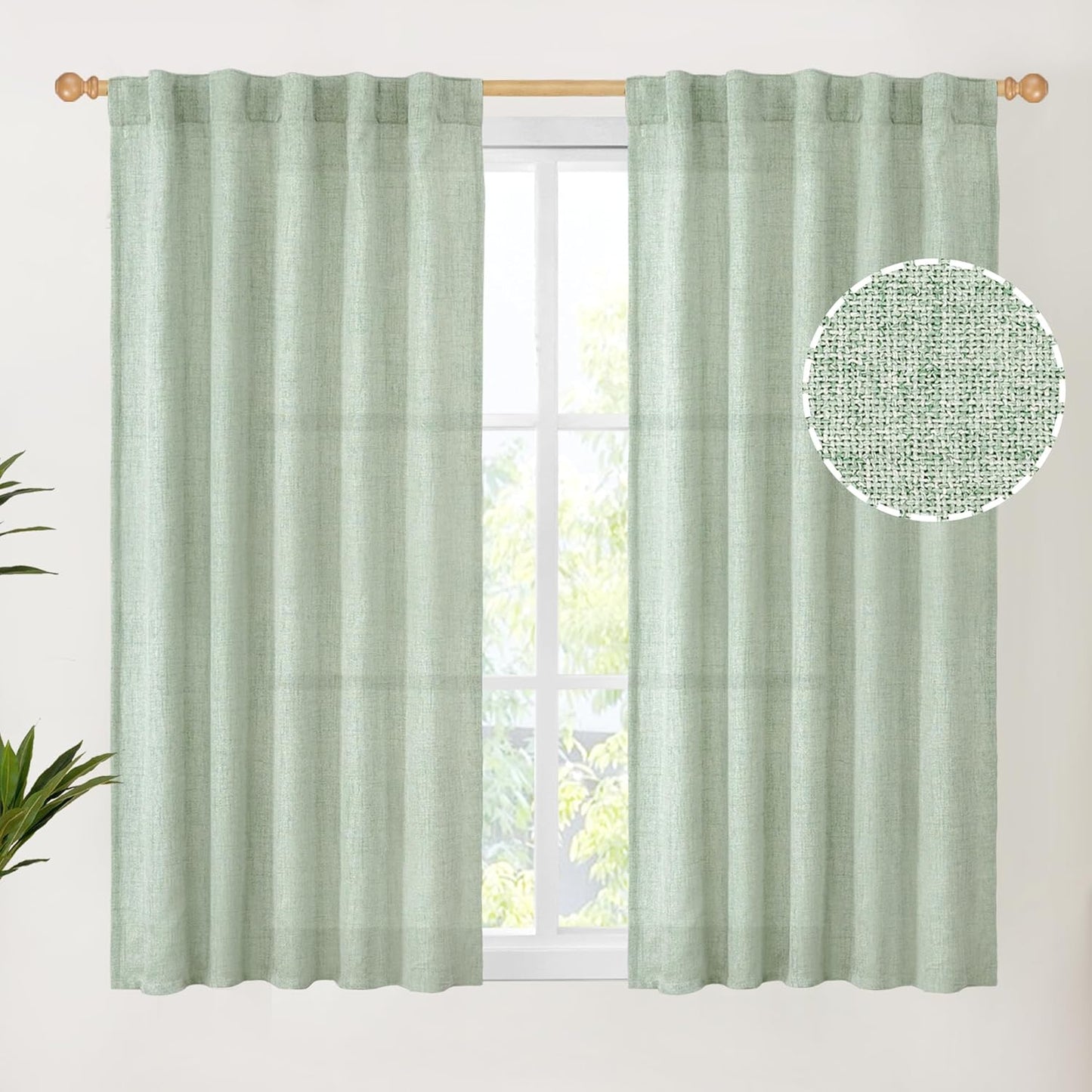 YoungsTex Sage Green Linen Semi Sheer Curtains 45 Inch Length for Kitchen Window, Light Filtering Short Drapes with Rod Pocket Back Tab for Bathroom Bedroom, 2 Panels, 42 X 45 Inch