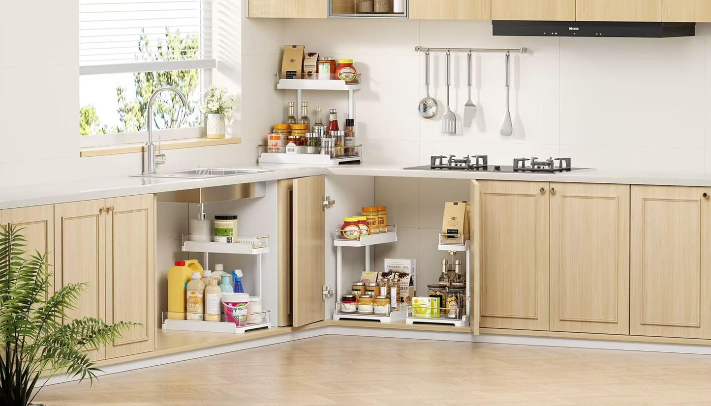 heart & home 1-Pack Under Sink Storage Organizer for Kitchen & Bathroom Cabinets with Removable Washable Tray, Tool-Free Assembly – Multi-Purpose for Kitchen Countertop, Vanity, & Laundry Room，White