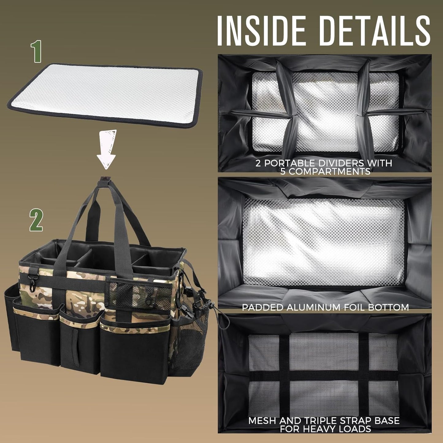 Wearable Cleaning Caddy Organizer with Handle & Shoulder Straps for Housekeepers, Under Sink & Car Cleaning Tool Organizer Bag with 4 Foldable Dividers (Camouflage)