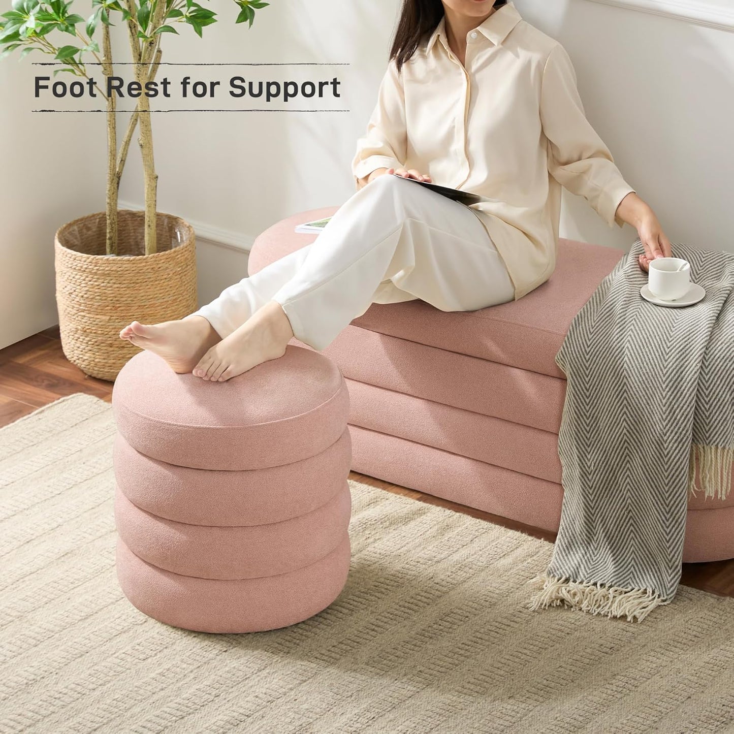 Round Ottoman with Storage Boucle Ottoman Stool Removable Lid for Living Room Modern Upholstered Vanity Storage Stool Foot Rest Bedroom Dorm Gifts Set of 2 (Pink)
