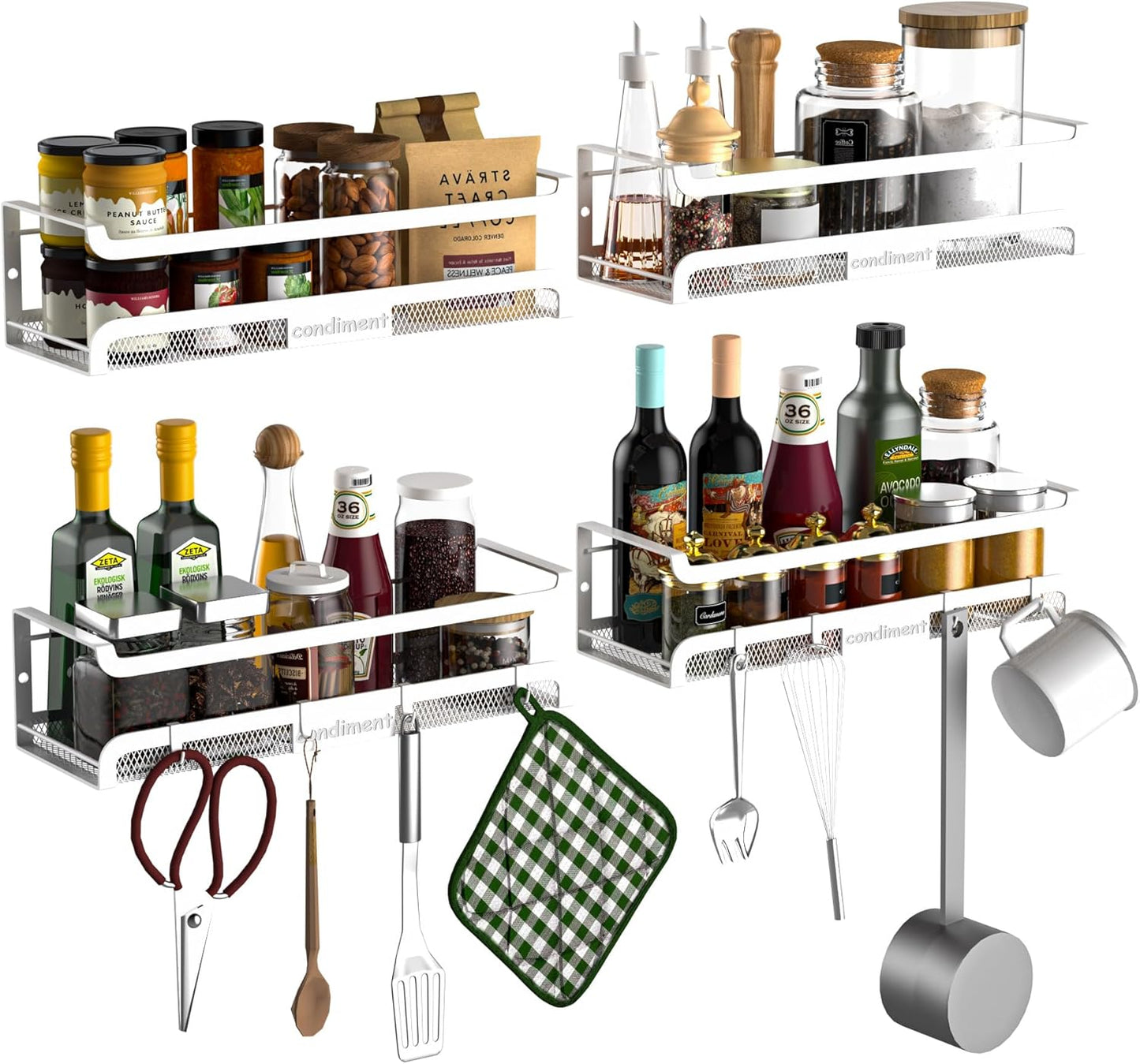 Spice Rack Wall Mount with Hooks - Spice Racks Organizer for Cabinet Storage, Wall Mounted Hanging Shelf Seasoning Organizer, for Kitchen, Pantry Door, Bathroom (White, 4 Pack)