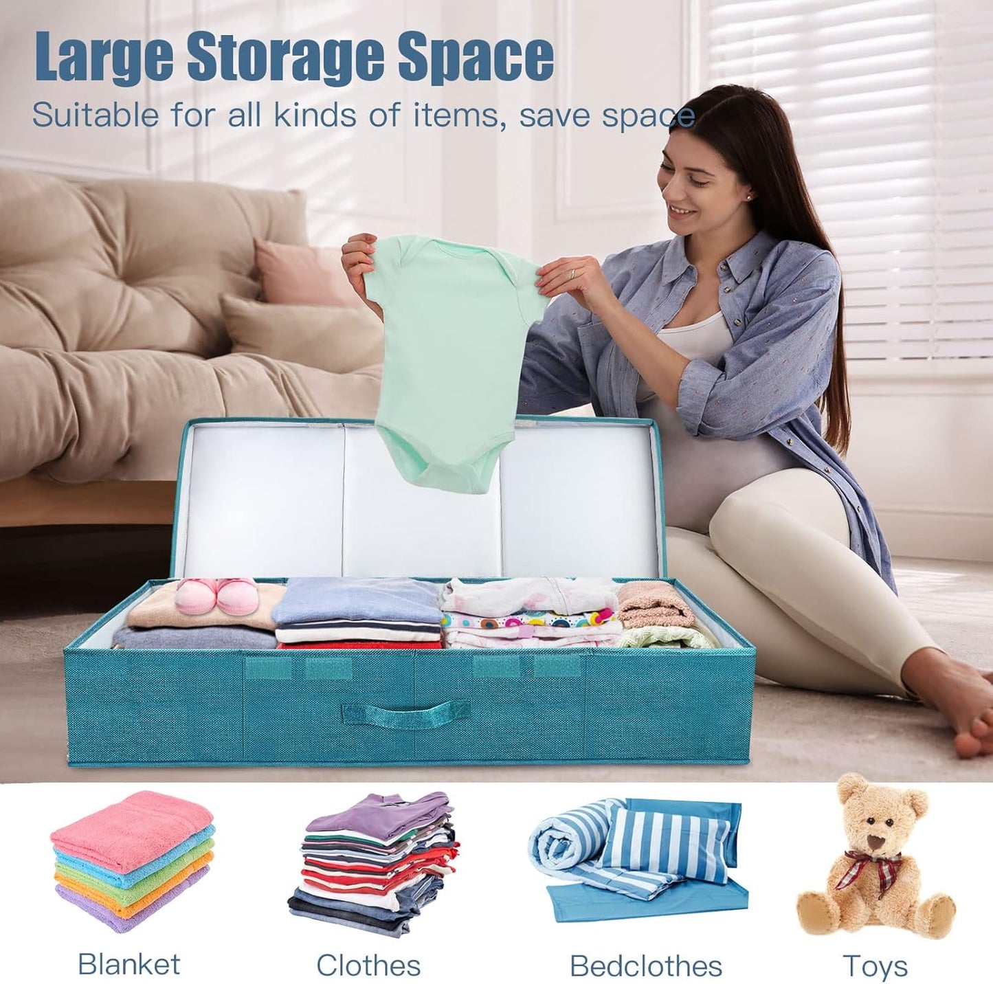 Underbed Storage Containers Bin with Lids (2pcs) Large Under Bed Storage Organizer Box with Handle, Foldable Under the Storage Bags for Organizing Clothes, Shoes, Blankets, Pillows-Cyan blue