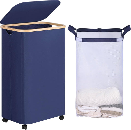efluky Laundry Basket with Wheels, Tall Rolling Laundry Hamper with Lid and Removable Bag, Aesthetic Dirty Clothes Hamper on Wheels for Laundry Room, Bedroom, Dorm and Bathroom, 100L Blue