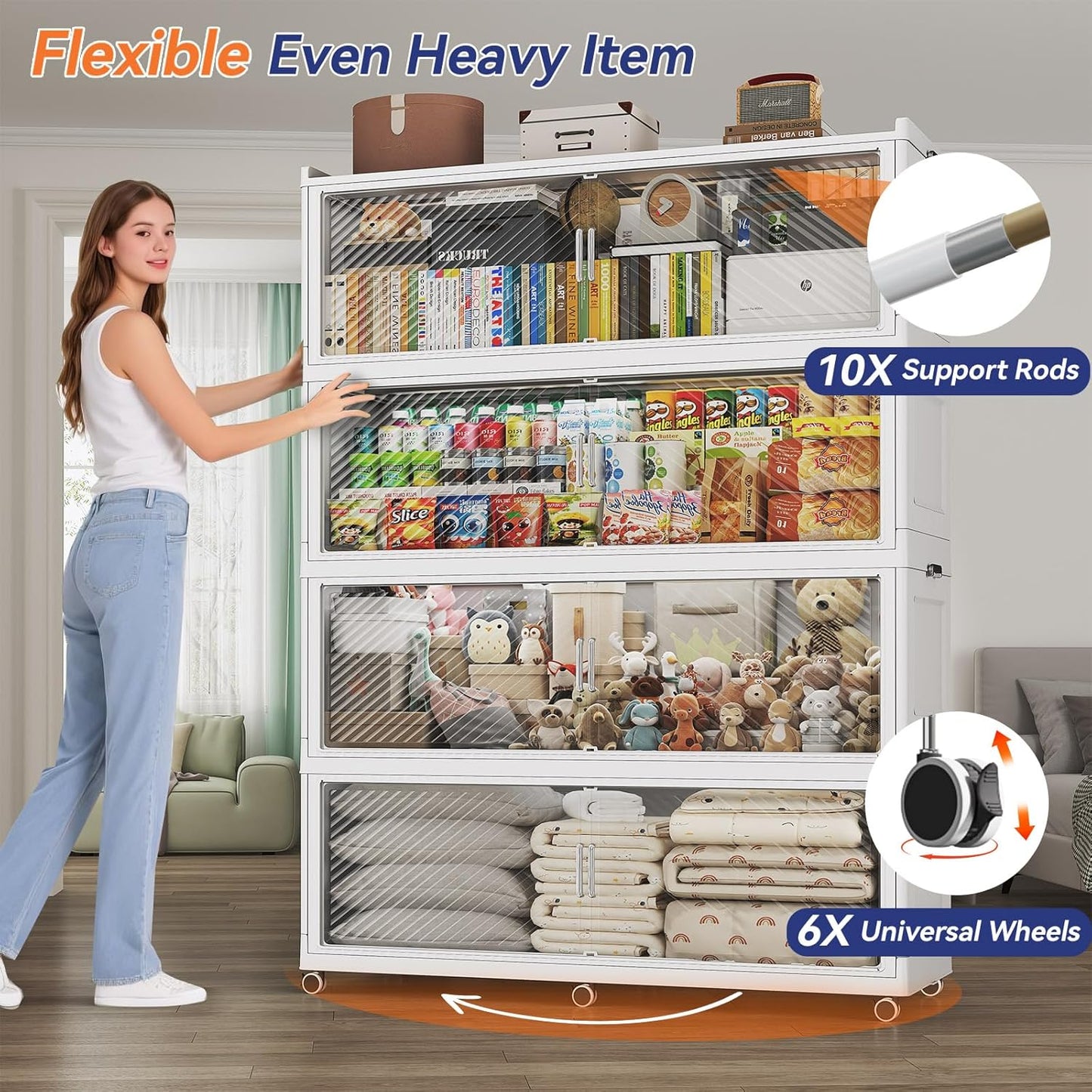 240 Gallon Extra Large Collapsible Storage Bin with Lid, 960QT Stackable Plastic Organizer with 6x Wheels, Foldable Drawer Cabinet for Closet, Living Room Office Dorm 3Pack, White