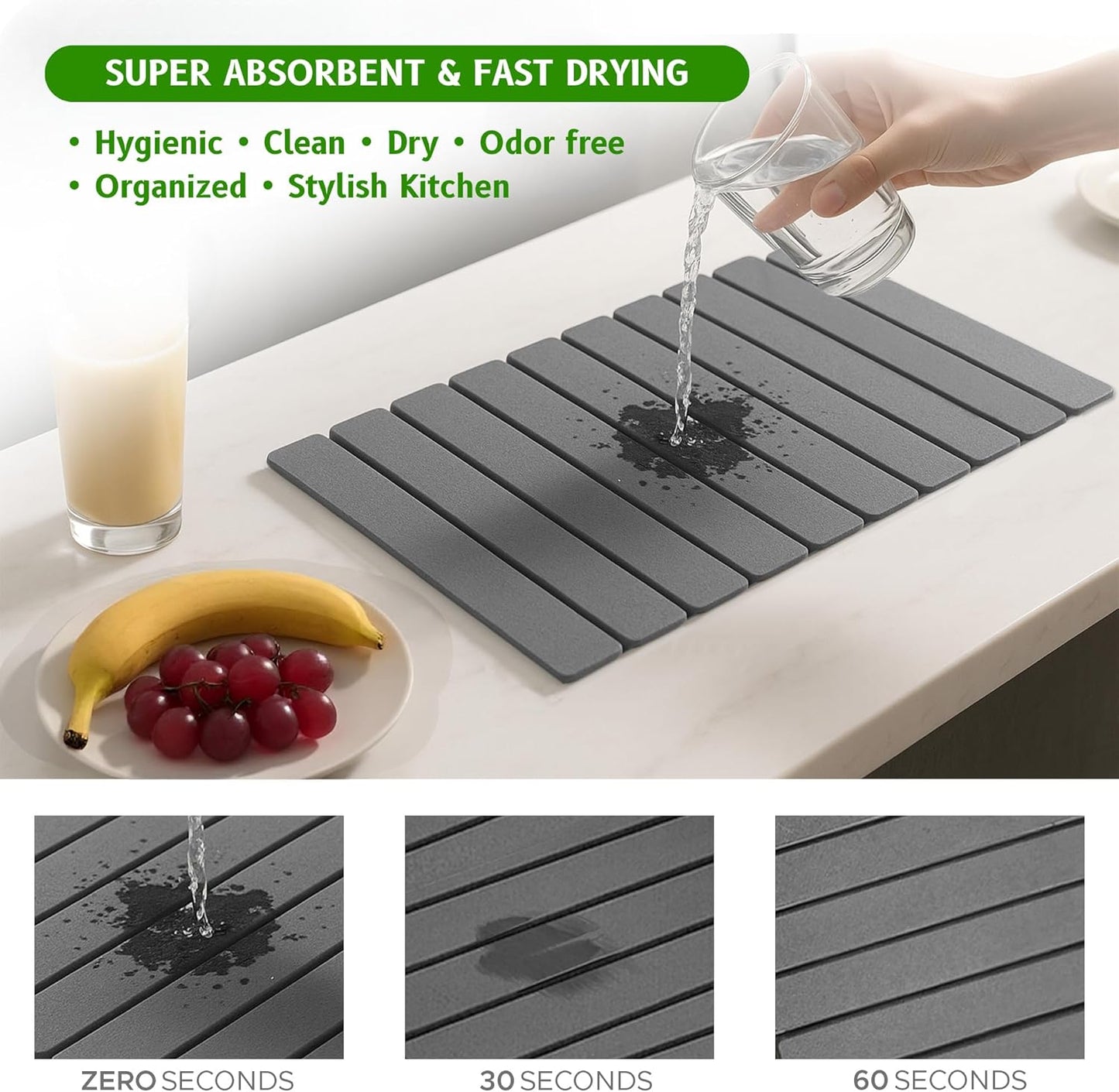 Stone Dish Drying Mat – Large 24×16 Quick Dry Stone Mat Kitchen, Diatomaceous Earth Dish Drying Mat for Kitchen Counter with Wooden Drying Rack, Fast Drying Stone Mat, Eco-Friendly & Super Absorbent