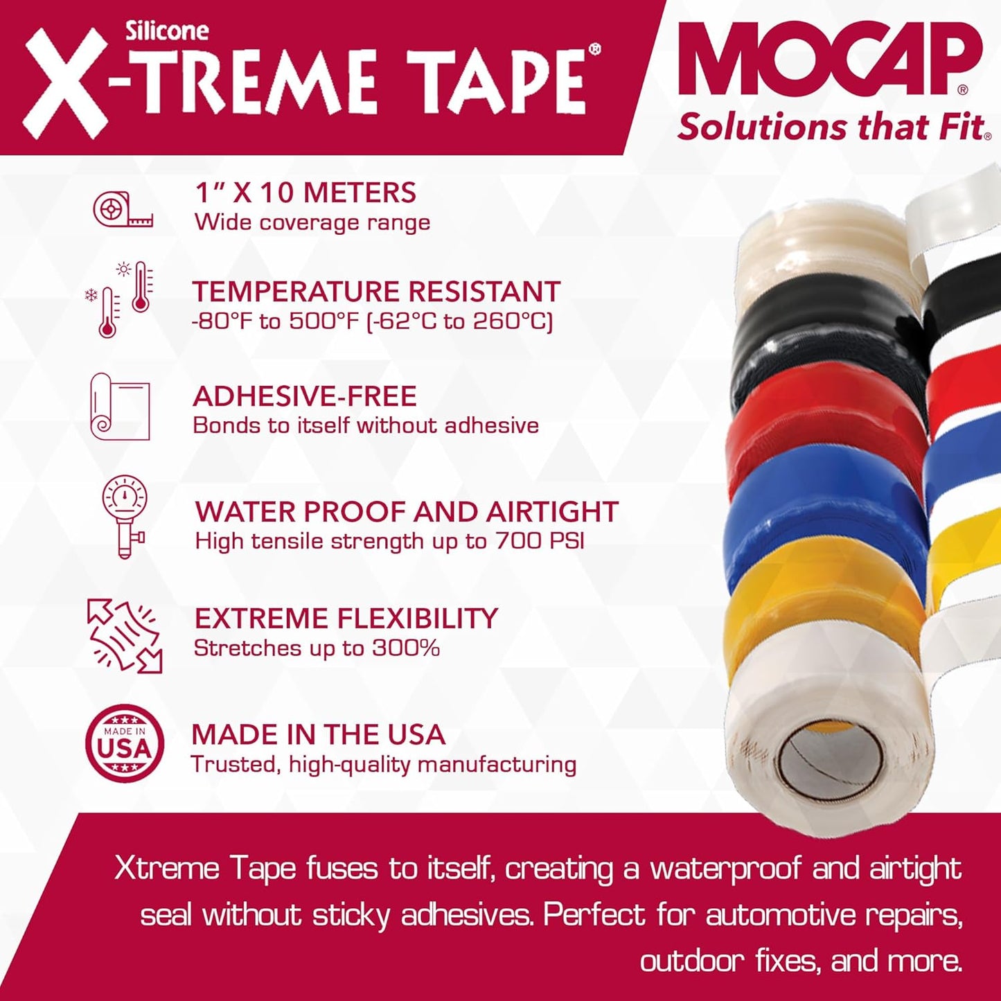 X-Treme Tape MOCAP Heavy Duty Electrical Tape, Self-Fusing Silicone Rubber, Waterproof & Insulating Flexible Tape, Electrical for Hose, Automotive, Outdoor & Repairs - 1" x 10ft Roll - Black