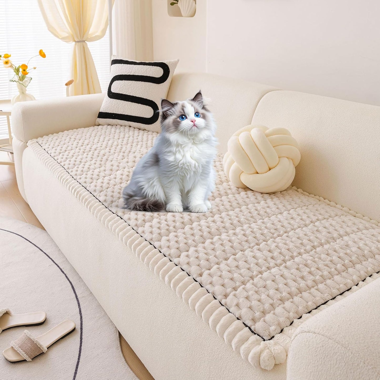 OTOB Couch Cover for Dogs Washable All Seasons, Non Slip Fuzzy Pet Couch Covers Sofa Slipcovers Cushion Mat, Plush Soft Cozy Kids Pet Friendly Furniture Protector (Cream, 23.6" x 47.2")