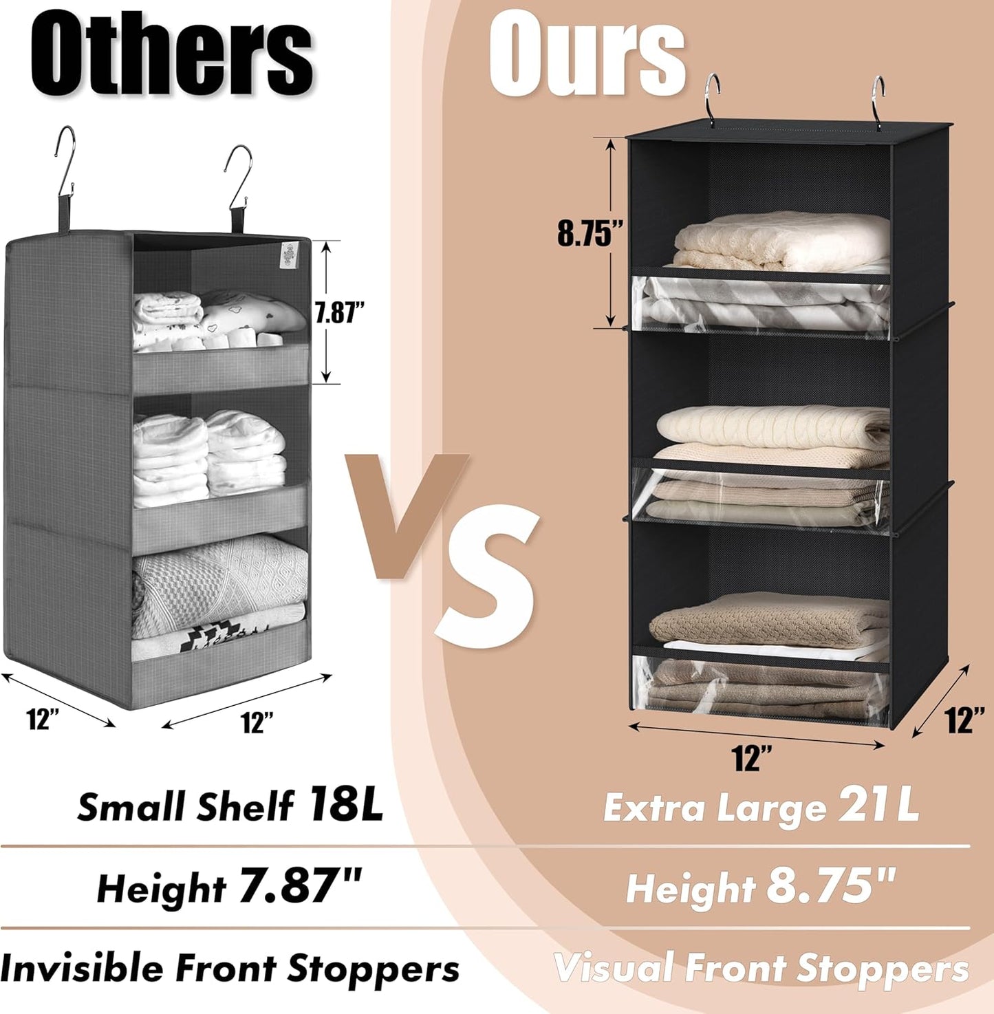 Simple Houseware 3 Shelf Hanging Closet Organizer with Front Stopper, Black