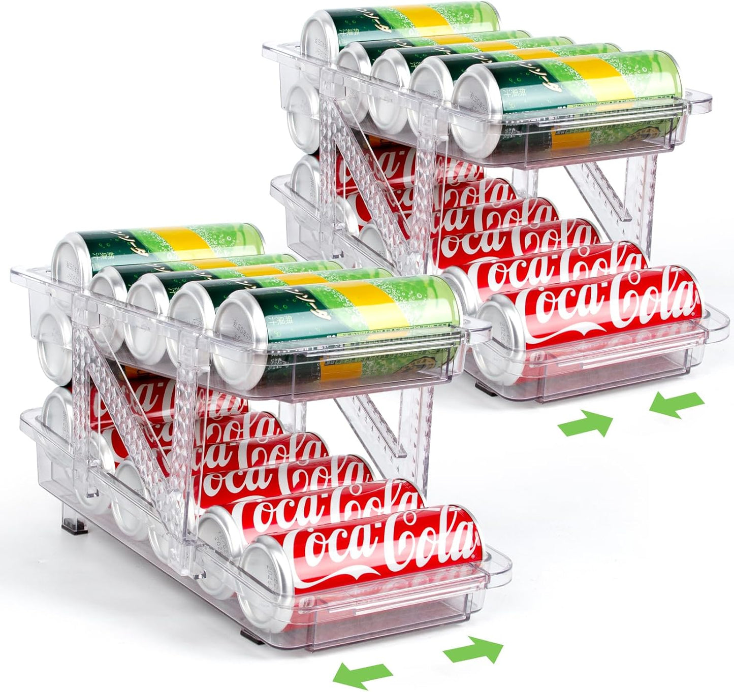 2 Pack Drink Organizer for Refrigerator, Soda Can Dispenser, Adjustable Width Canned Food Pop Cans Container Beverage Holder for Fridge Organizing, Clear Plastic Storage Bins